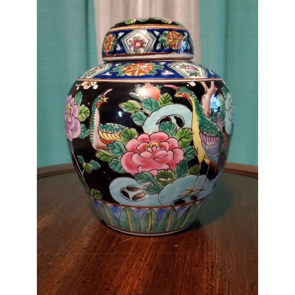 Vintage Japanese Famille Noire Style Peacock Ginger Jar